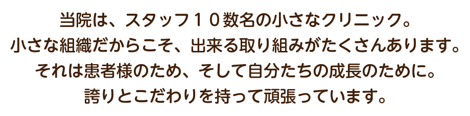 当院は、スタッフ１０数名の小さなクリニック。小さな組織だからこそ、出来る取り組みがたくさんあります。それは患者様のため、そして自分たちの成長のために。誇りとこだわりを持って頑張っています。